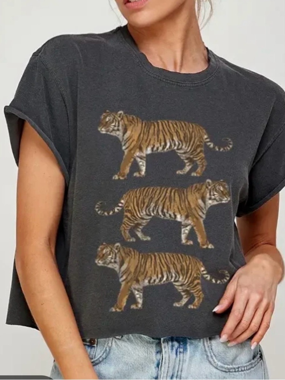 APRICOT Charcoal Cropped Tee with Triple Tiger Graphic
